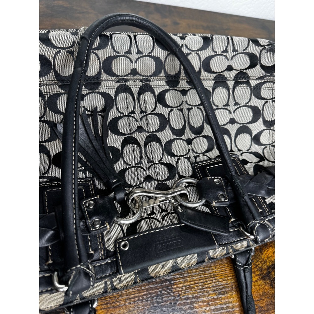 Coach Signature C Tote Bag Black Grey Canvas Leather Braided Trim Tassel - Picture 4 of 16